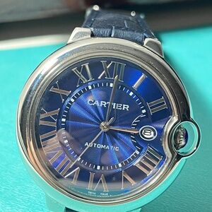 Cartier Ballon Bleu Automatic Blue Guilloché Dial Steel 42mm Leather Strap